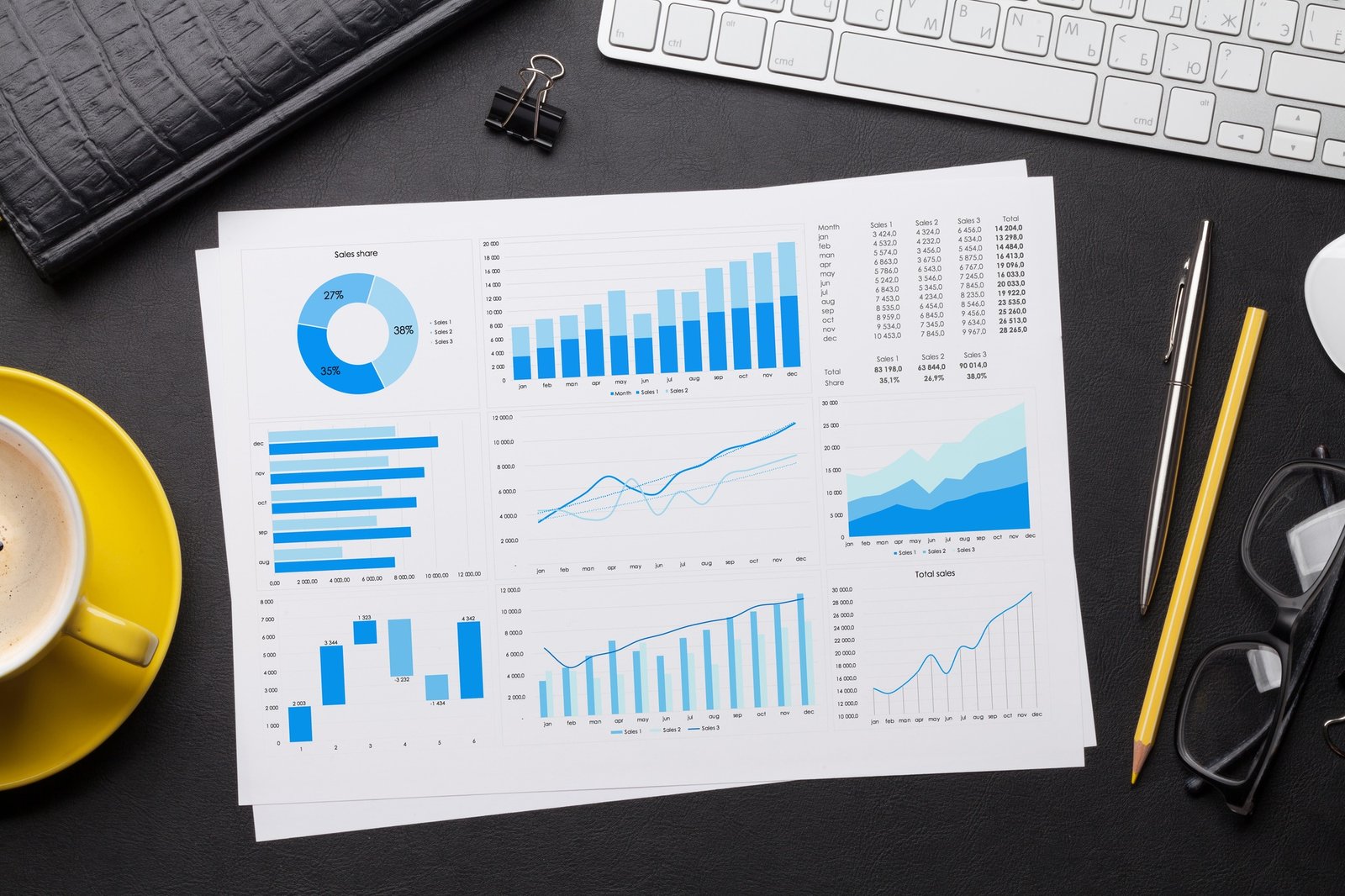 Office workplace table with report page